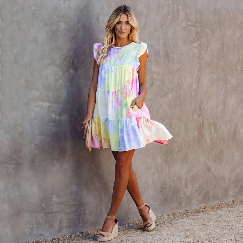 

HOTSHOT POCKETED TIE DYE TIERED BABYDOLL DRESS