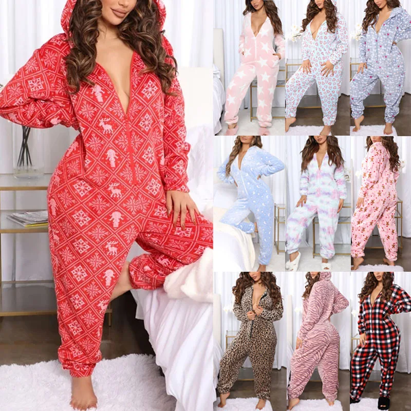 

Winter Sexy Hooded Sleepwear Nightwear Plush Teddy Bear Women Luxury Fleece Pajamas