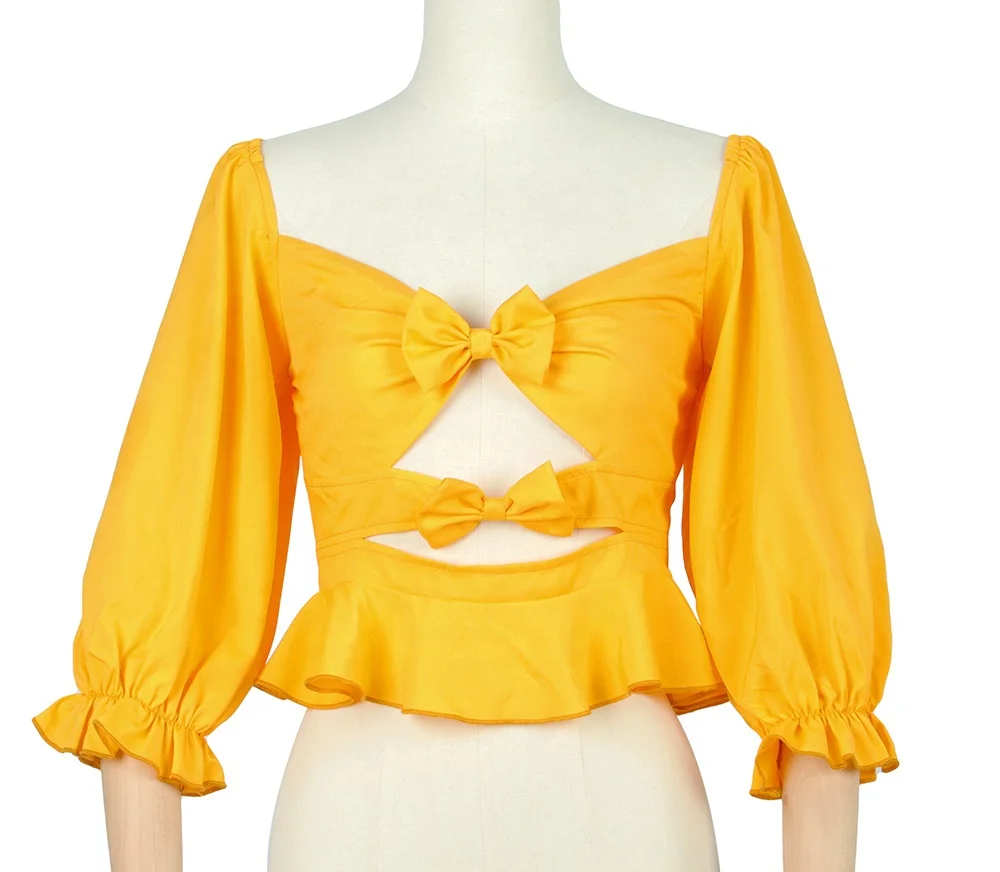 

B52803A 2020 Summer new lady sexy short style fashion lantern sleeve blouse, White/yellow