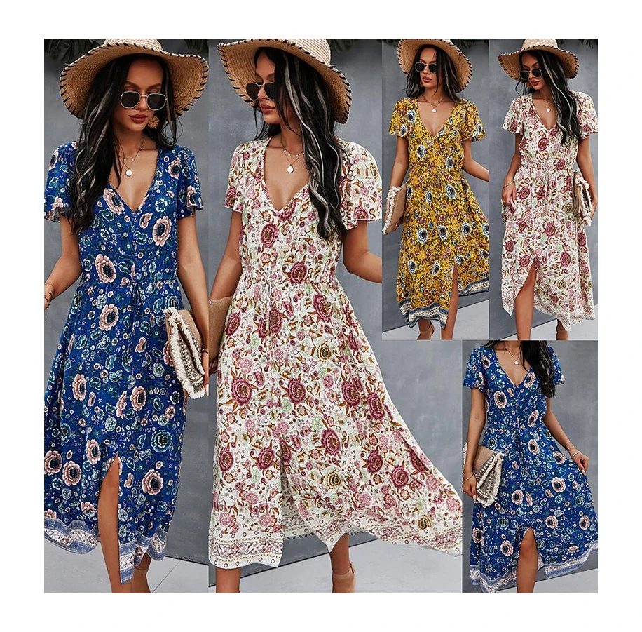 

women summer boho viscose bandage tiered dresses sexy v neck short sleeve bohemian viscose cotton dailywear dresses women sexy, Any color