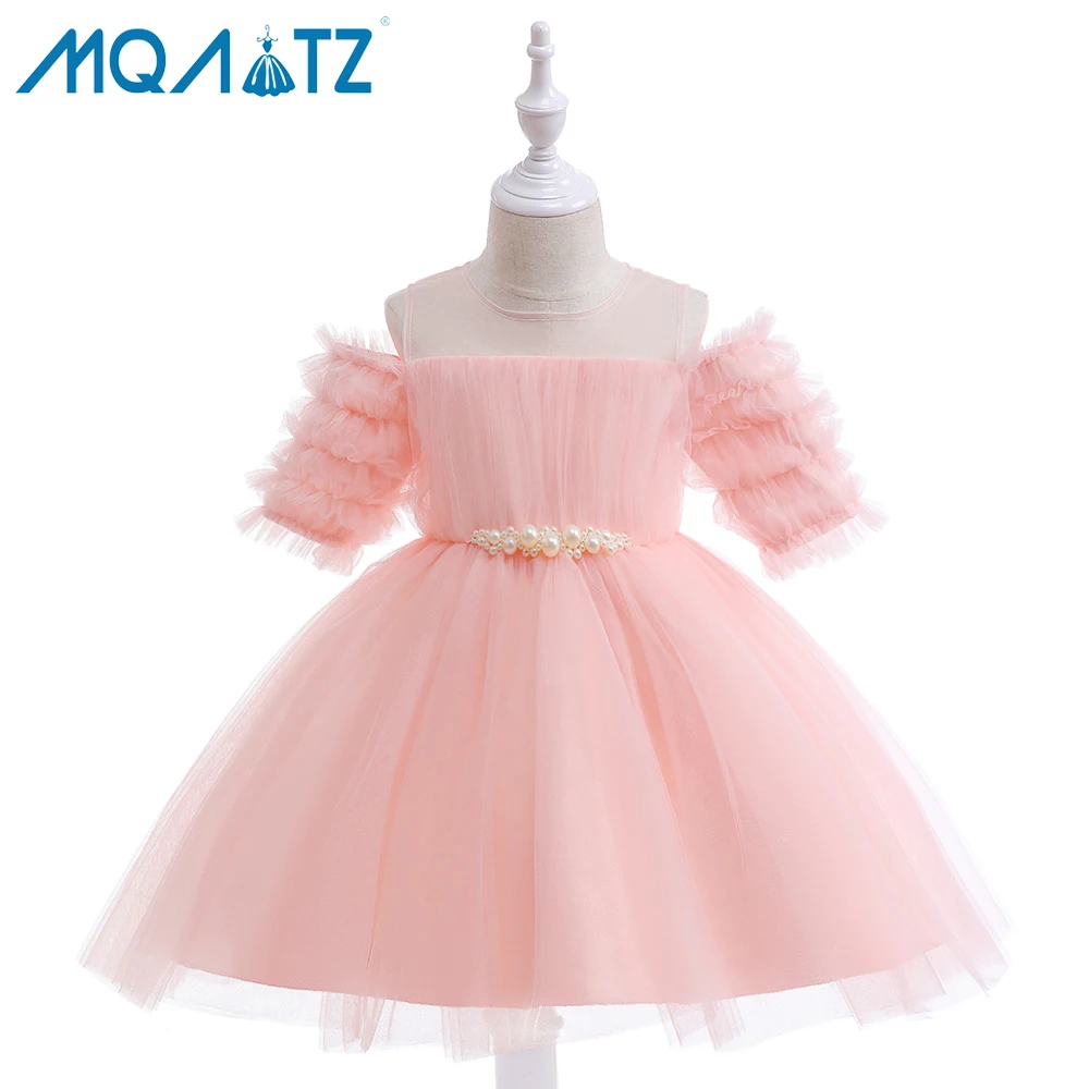 

MQATZ pink dress for girl 4-13 years with pearl off shoulder princess short sleeve tulle dress party dresses L5335