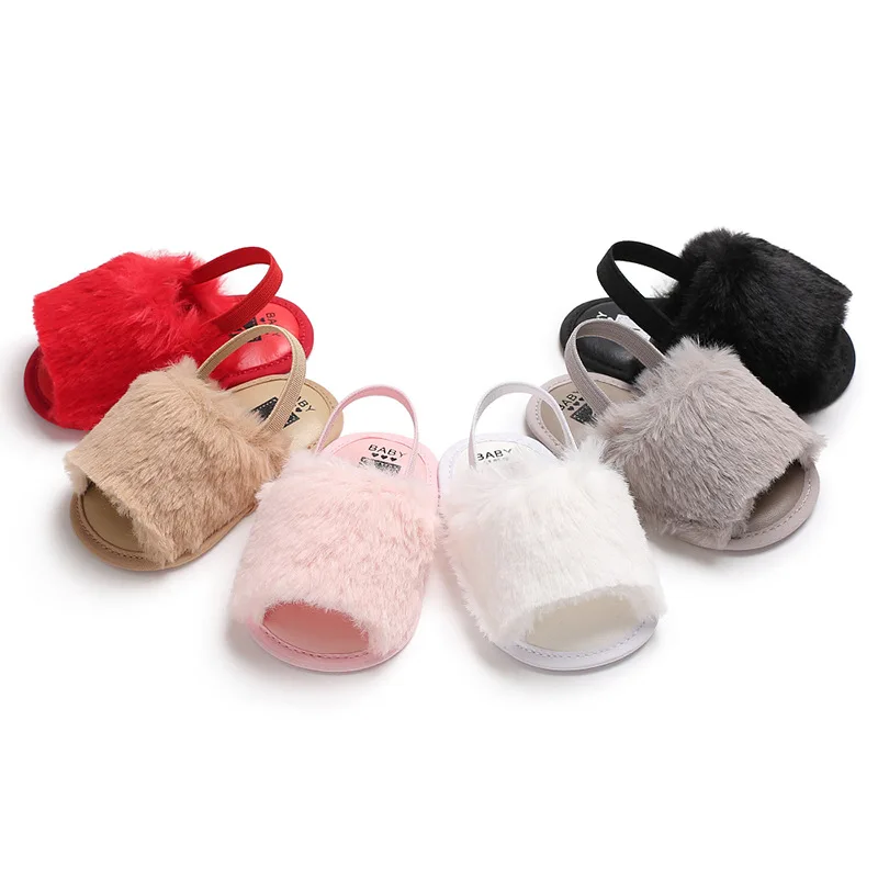 

Wholesale Fancy Cute Baby Girl Soft Sole Fluffy Slingback Sandals Infant Toddler Fur Shoes, As picture