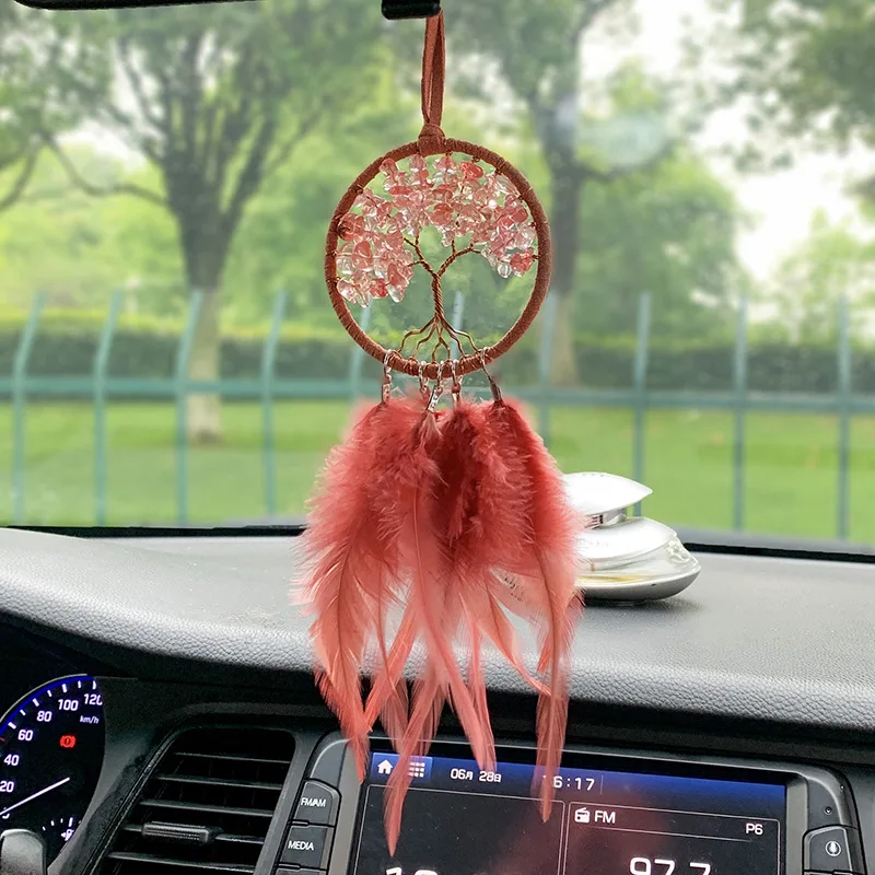 

Tree Of Life Dream Catcher Car Hanging Ornament Fengshui Healing Stones Crystal Dream Catcher Feather Wall Hanging Car Decor