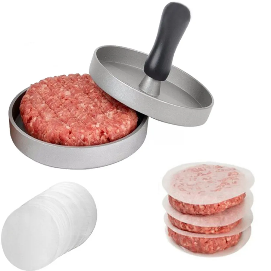 

Non-stick Aluminium Hamburger Press Meat Patty Maker Mold for BBQ Barbecue Grill with wax paper, Sliver