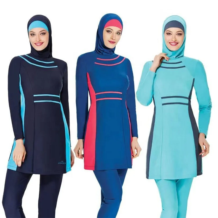 

MOTIVE FORCE 3pcs Strips Patchjob Fashionable Muslim Islamic Swimwear Wholesale Burkini Muslim Swimwear Woman, Grey+ light aqua