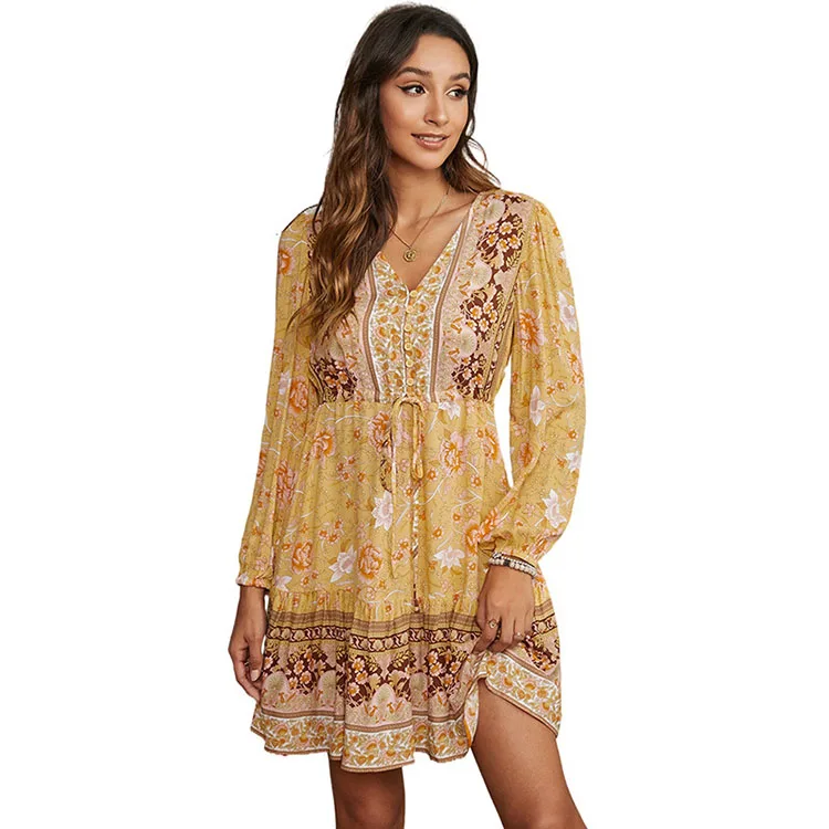 

2021 New V Neck Long-Sleeved Bohemian Dress Print Knee-Length Dress For Women