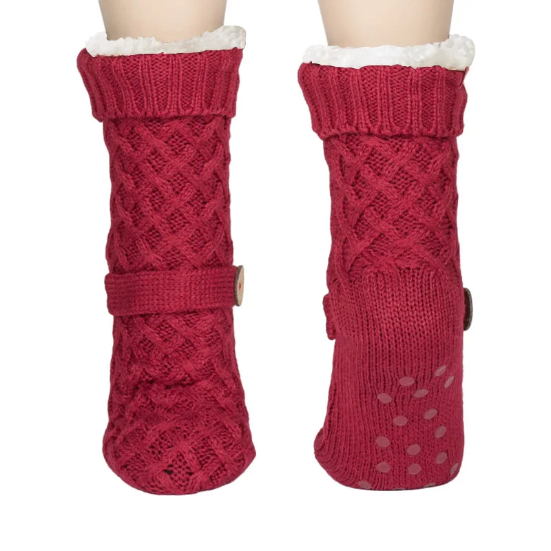 

Wholesale Custom Winter Knit Women Thick Sherpa Fleece Lined Thermal Fuzzy Indoor Floor Non-Slip Slipper Socks, 5 colors