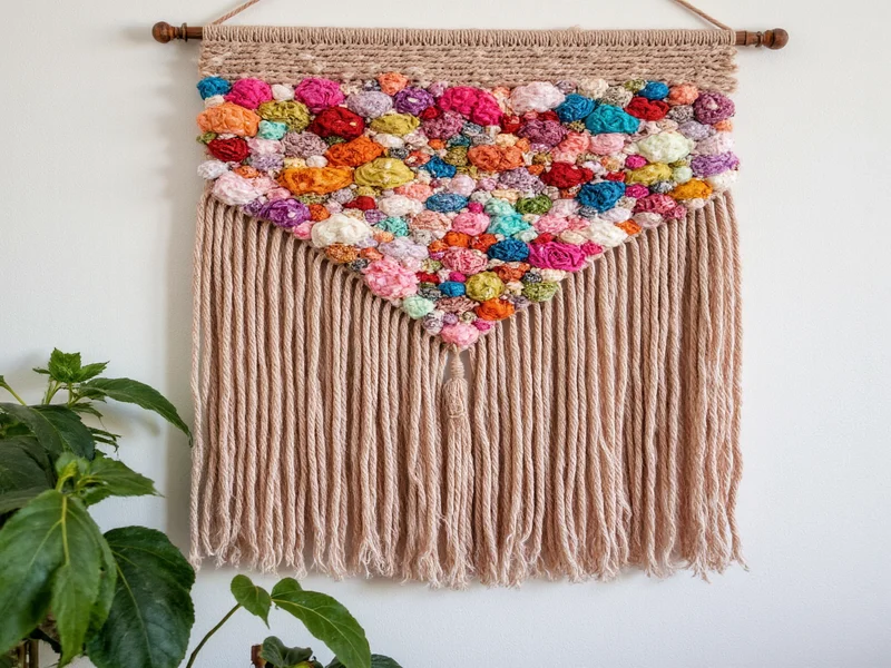 Bohemian textile wall hanging made from fabric scraps