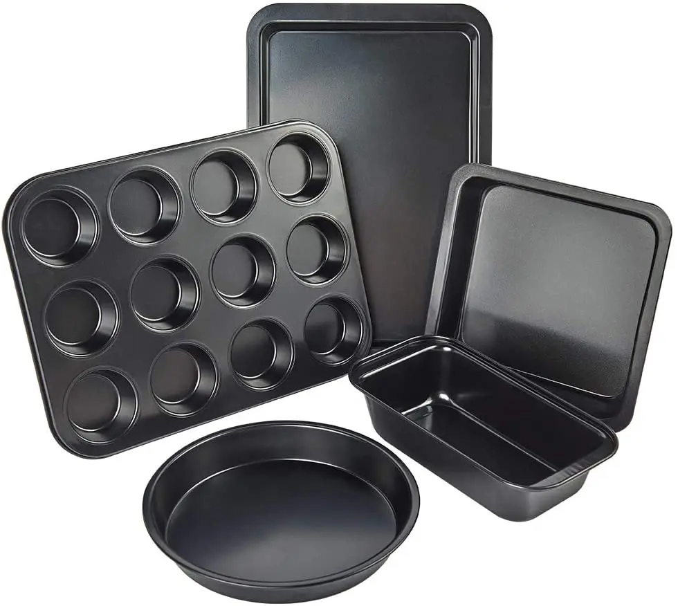 

Kitchen Carbon Steel Nonstick 5 Piece Bakeware Cake Baking Tools Set for Home Loaf Cookie Sheet Pan with Silicone Handles, Black