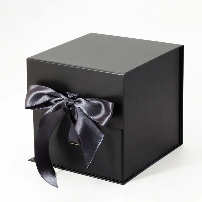 

Custom black foldable paperboard paper cube storage boxes with ribbon