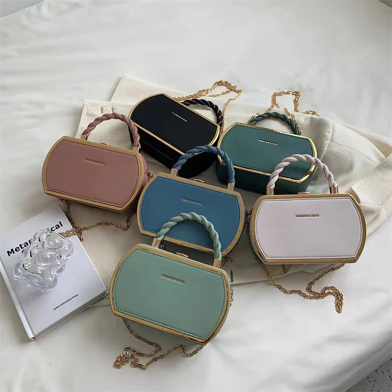

New fashion unique handle shoulder sling bag pu leather hand bags chain ladies mini handbags for women