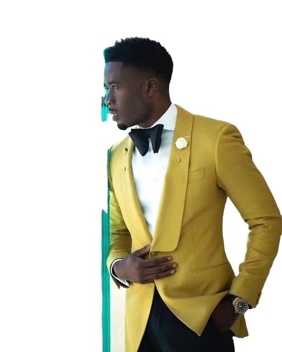 

Yellow Suit and Black Pants with Bow Tie 2022 Fashion Men Suits Bespoke Men Cloth USA