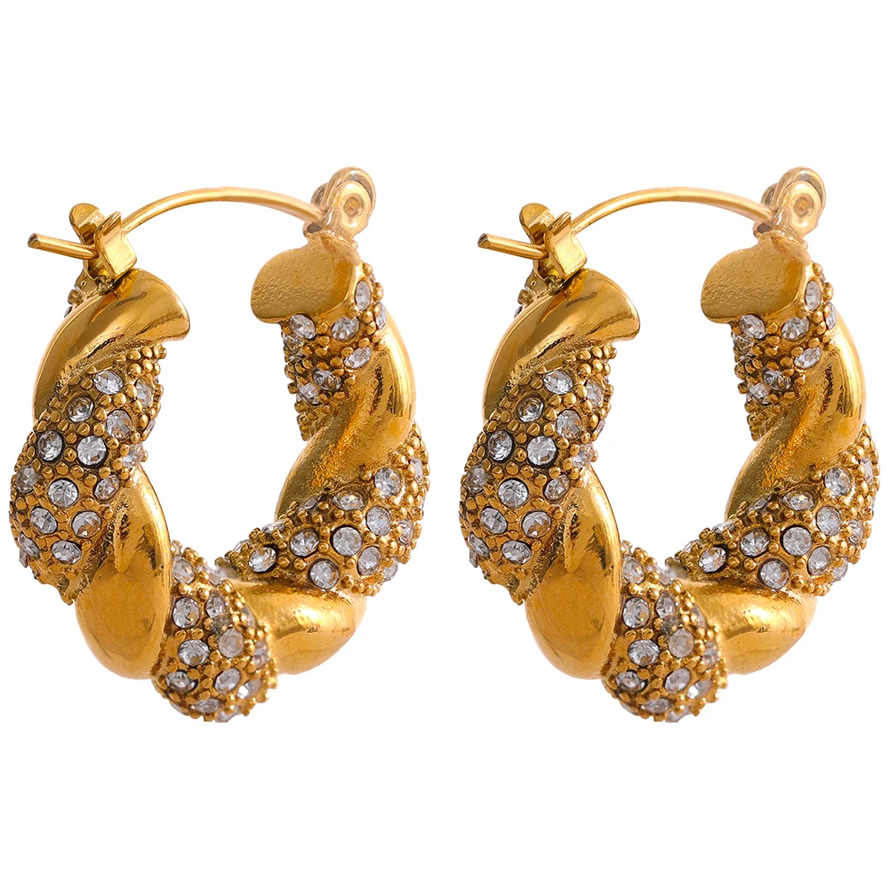 

JINYOU 1352 Twisted Cubic Zirconia Stainless Steel Hoop Earrings 18k Gold Plated Stylish Trendy Charm Micro Zircon Jewelry