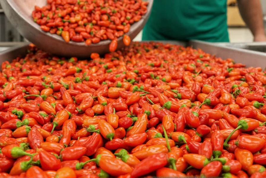 Close-up of harvested chile peppers being sorted in Yuma packing facility