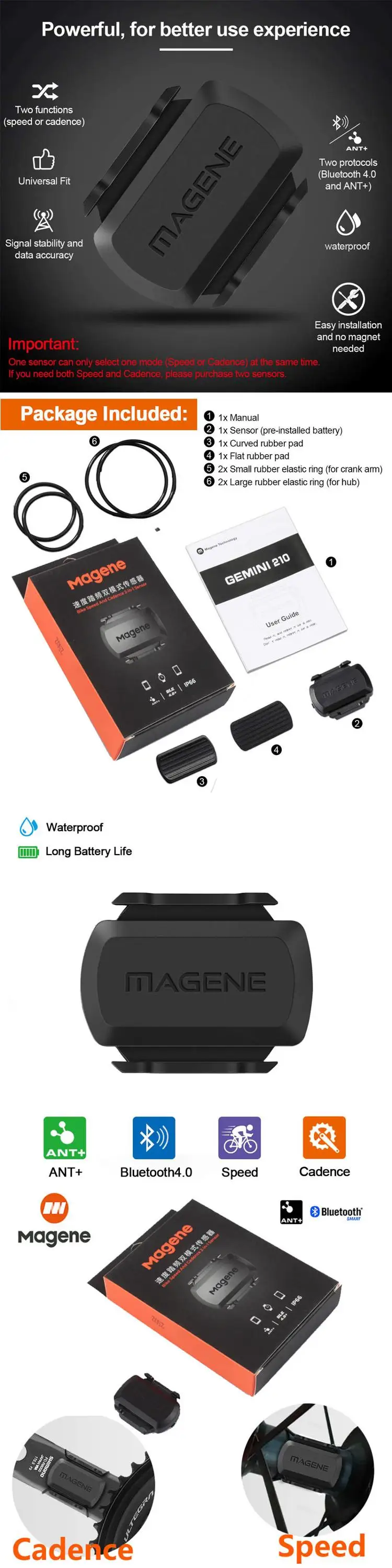 Cycle accessories wireless bicycle bluetooth bike speed cadence sensor for bluetooh 4.0 ANT+devices