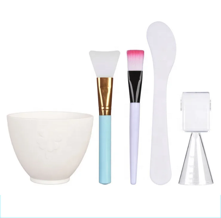 

DIY 5 in 1 face mask makeup tools beauty cosmetic silicone facial mask mixing bowl/brush/stick set, Pink blue