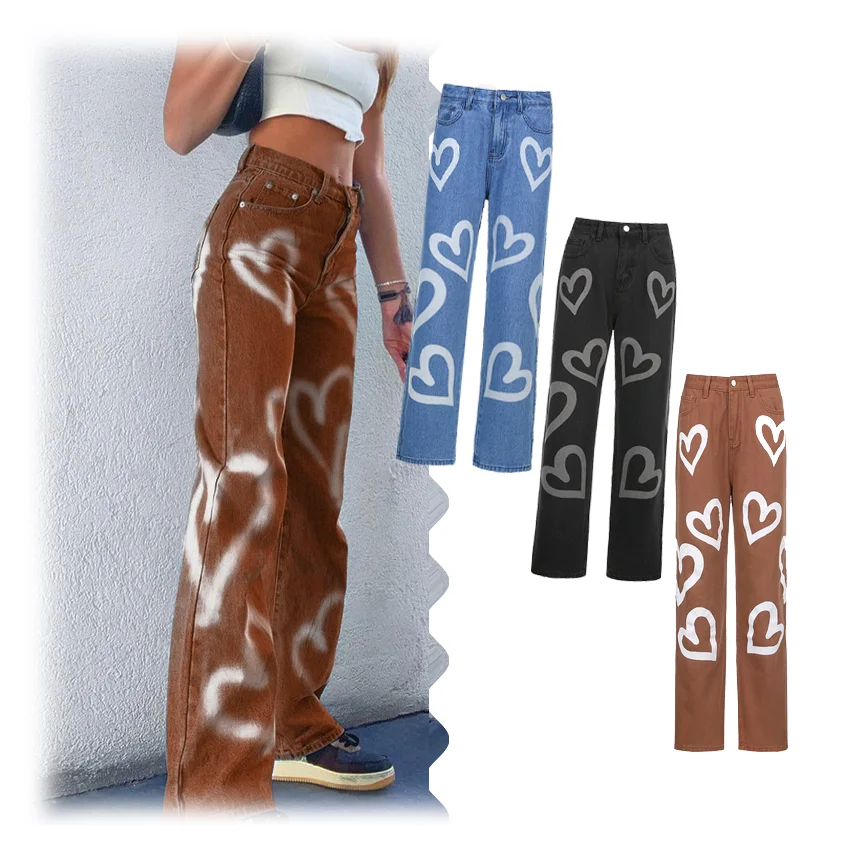 

Fashion Vintage Quality Woman Jeans High Waist Wide Leg Denim Clothing Blue Graffiti Streetwear Harajuku Straight Pants, Available