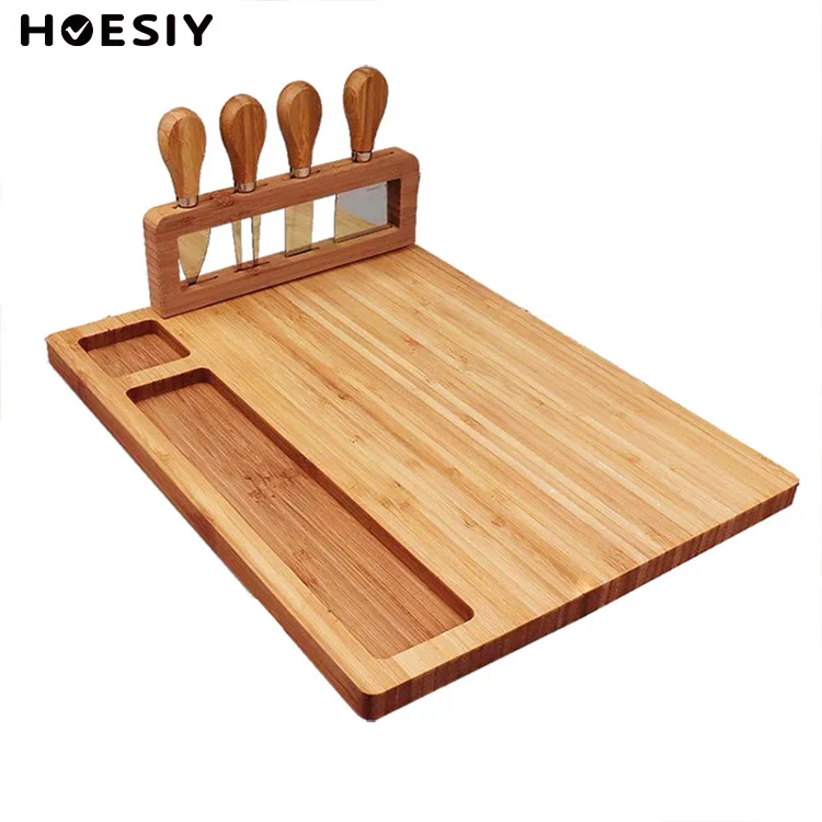 

Cheese Cutting Board with Cutlery Set Cheese Tray Detachable Rack Sevring Food Platter Charcuterie Board Bamboo Cheese Board, Natural wood color