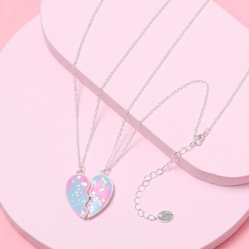 

Custom Silver Kids Girls Best Friend For 2 Jewelry Sets Rainbow Star Sequin Enamel Magnet Heart Pendent Necklaces, Multi