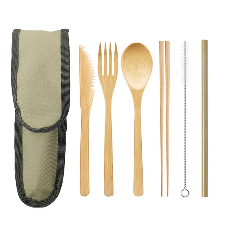 

Japanese Eco Friendly Reusable Travel Utensils Bamboo Fiber Cutlery Set With Bag, Beige