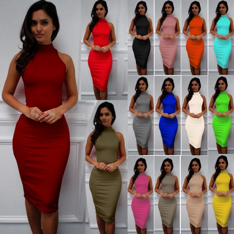 

Customized Women Sexy Halter High Neck Elegant Sleeveless Bodycon Midi Club Dress, As pic