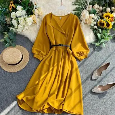 

2020 French Style Fashion V Neck Long Puff Sleeve Knee Length Dress