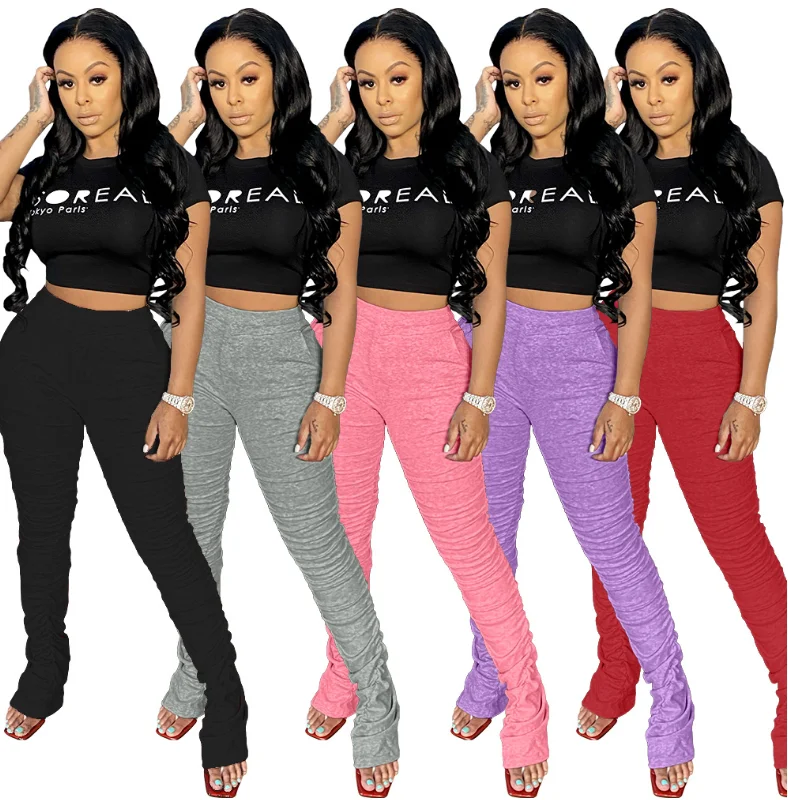 

2020 High Quality Casual Women Pleated Trousers Solid Color Elastic Waist Slim Fit Pencil Pants With Pockets, As picture