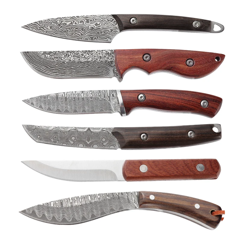 

6.7" Sandalwood Handle Fixed Blade Knife Tactical Hunting Camping Survival Outdoor Knife with Damascus Pattern leather sheath