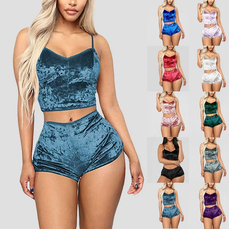 

Women's Sexy Velvet 2 Piece Outfit Spaghetti Strap Sleeveless Crop Top+ Shorts Set High Waist Lingerie Set, Picture color