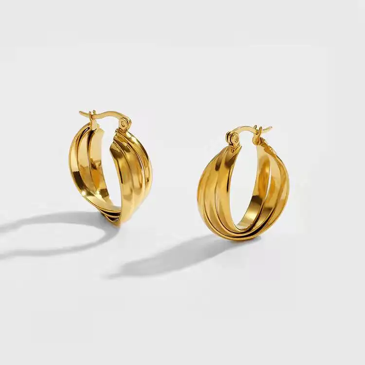 Gold Plated Stainless Steel Twisted Hoop Earrings Buckle Earrings C Shape Three Layers Women Earrings