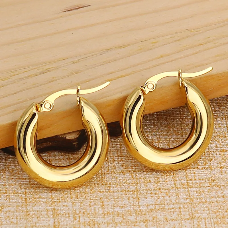 

Trendy 18k Gold Plated Women Jewelry 316L Stainless Steel Hypoallergenic Plated Chunky Thick Hoop Earrings