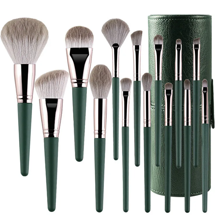 

Private Label 14pcs Green Pincel Maquiagem Foundation Eyebrow Brush Makeup Tool Synthetic Nylon Hair Plastic Handle Makeup Brush