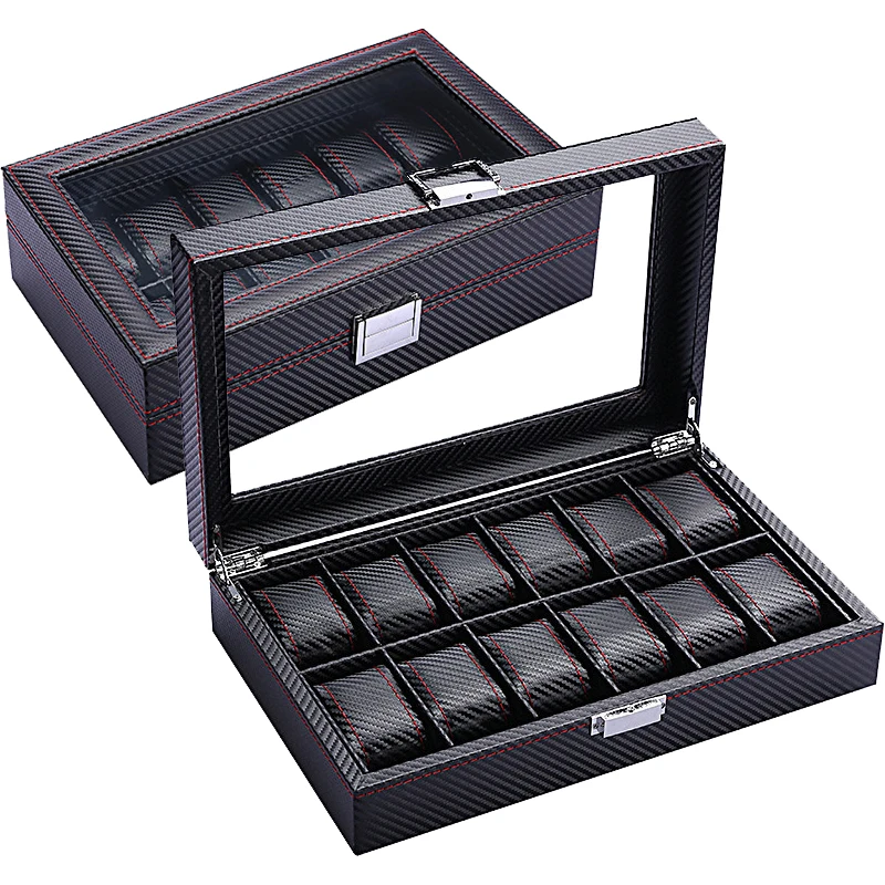 

Carbon fiber watch box 12 slots with wood shell glass top display flexible watch pillows for man women watches storage, Black,pantone as well as cmyk