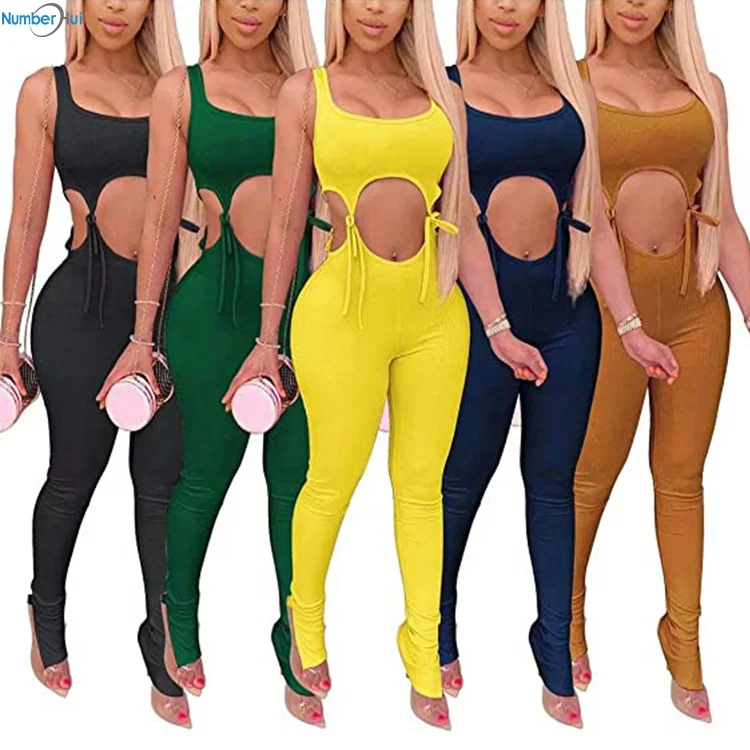 

lady 2022 2020 2021 new arrivals fashion women casual sleeveless vest hollow out waist drawstring split leggings solid jumpsuit