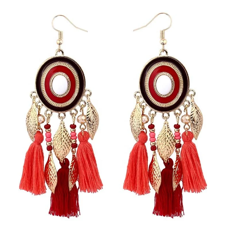 

2021 New Arrival Bohemian Cotton Fringe 4 Color Available Vintage Gold Plated leaf Tassel Earrings For Women, As picture