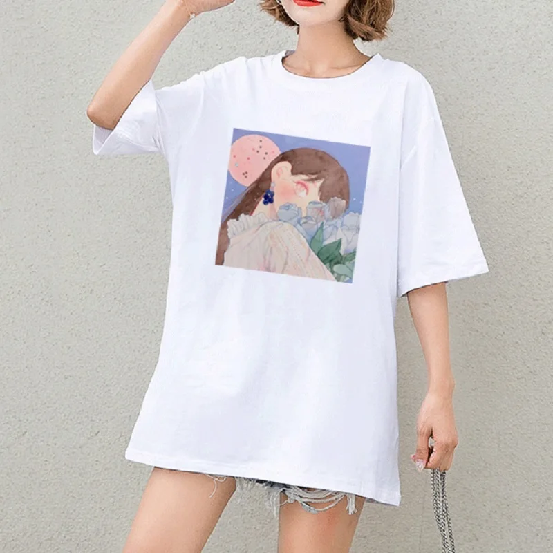 

Summer Kawaii Print Tops Short Sleeve Black White O Neck Casual Loose Fashion Women T shirt