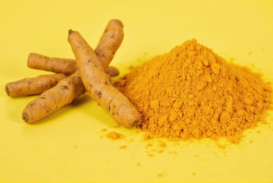 Fresh turmeric root next to powdered turmeric showing color and texture differences