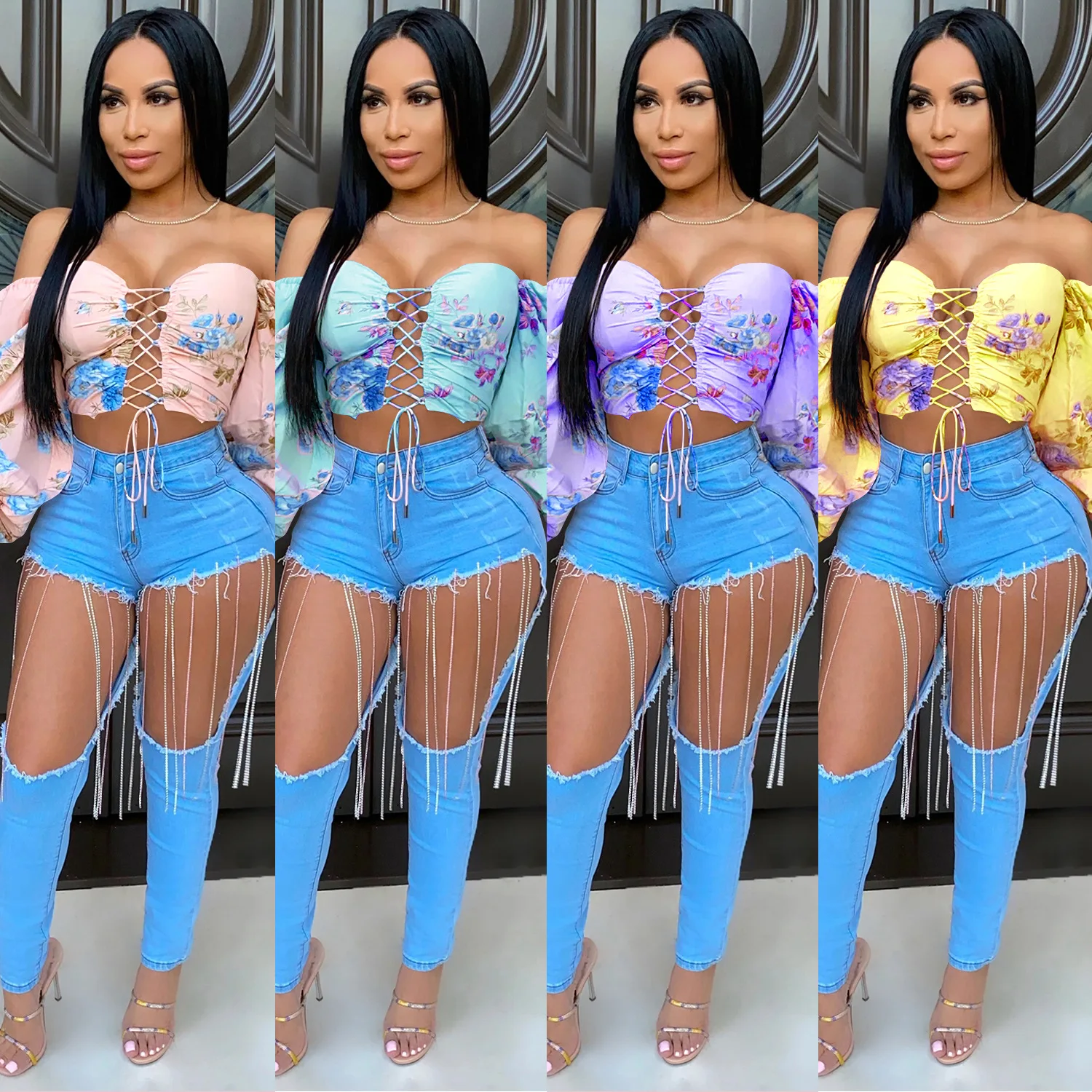 

Clothing Distributors Sexy Front Tie Up Designer Digital Print Long Puff Sleeve Hollow Crop Top Woman High Quality T Shirt