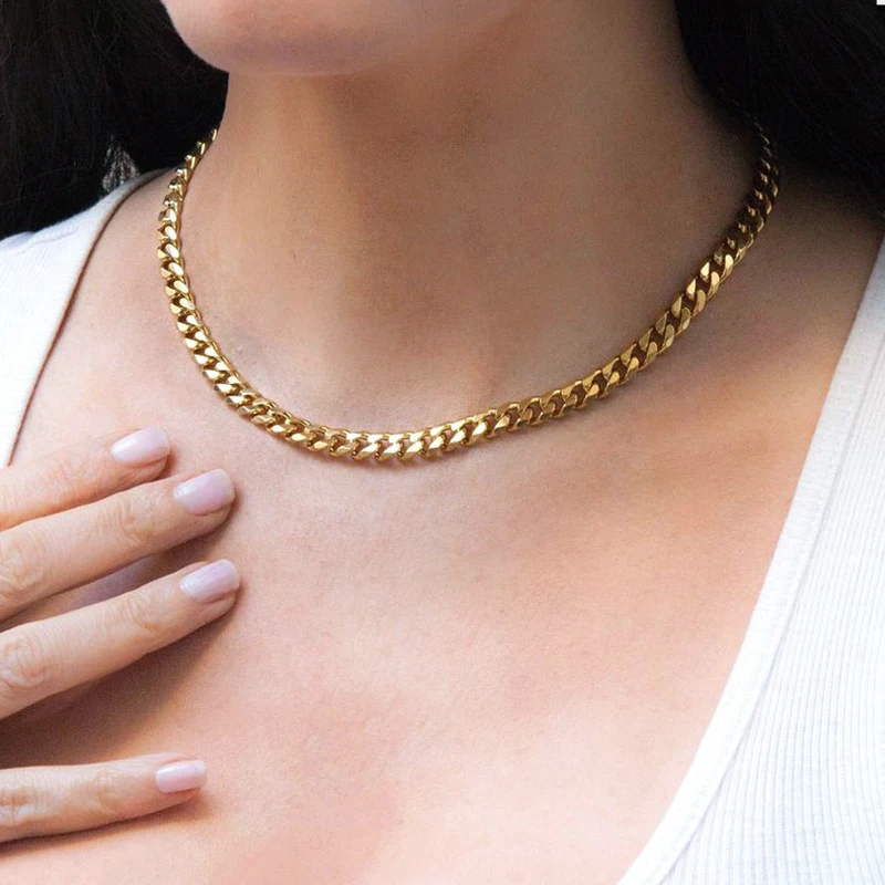 

Classic Thick 7mm Cuban Chain Link Choker Necklace 18k Gold Plated Stainless Steel Curb Link Necklace for Women