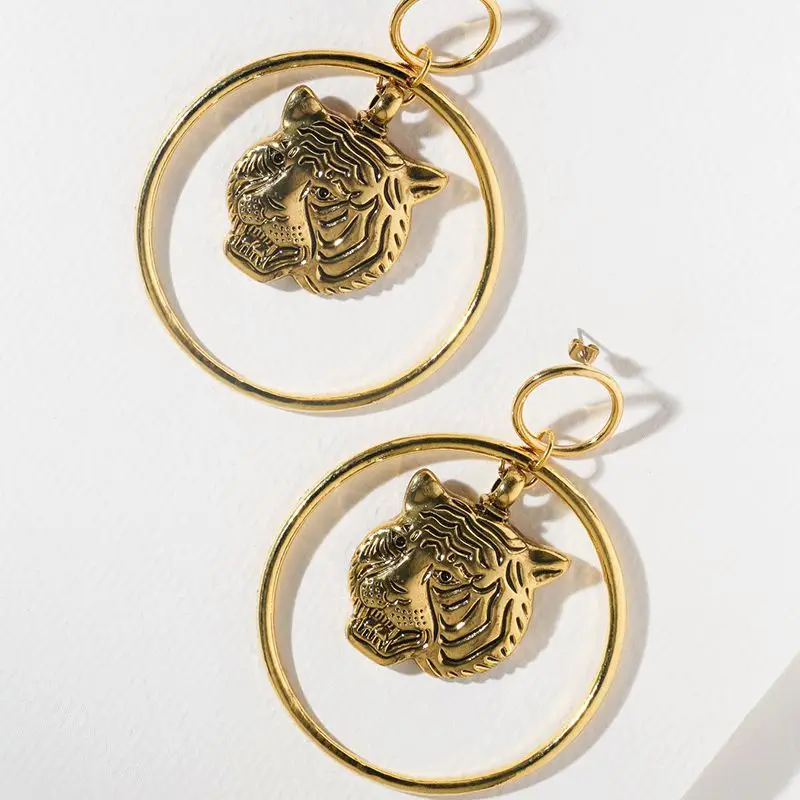 

2019 Fashion Animal Alloy Earrings Vintage Gold Big Circle Tiger Drop Earrings For Women Hoop earrings, Picture