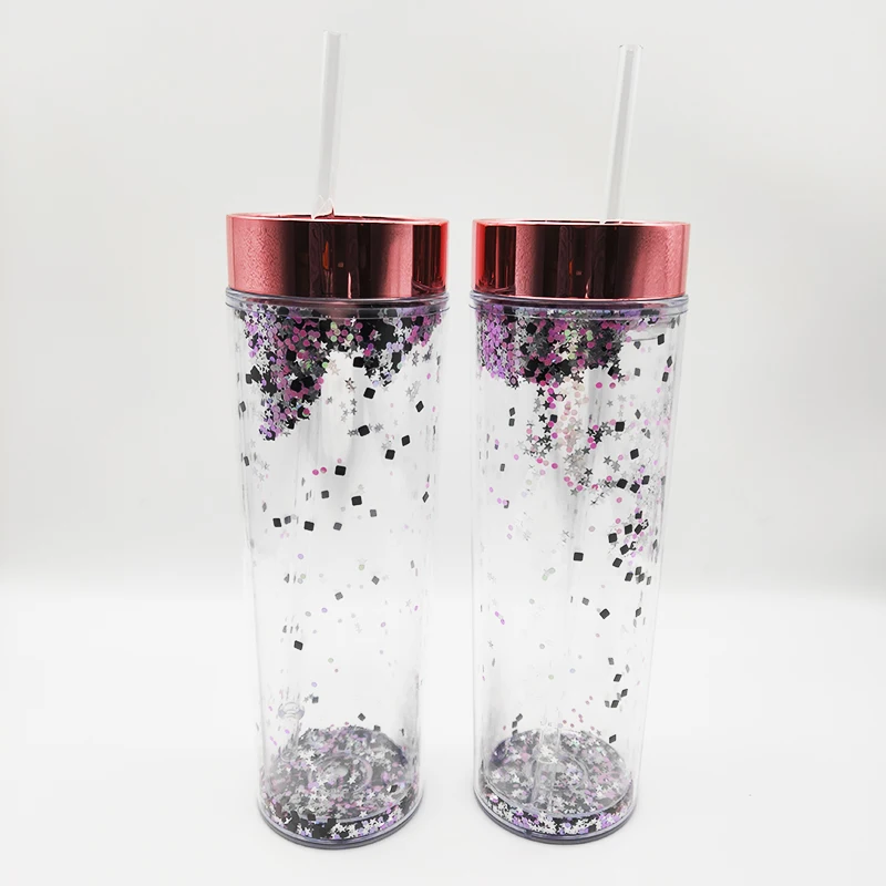 

double wall insert glitter confetti tumbler acrylic transparent straw skinny tumbler rose gold color lid wedding cup
