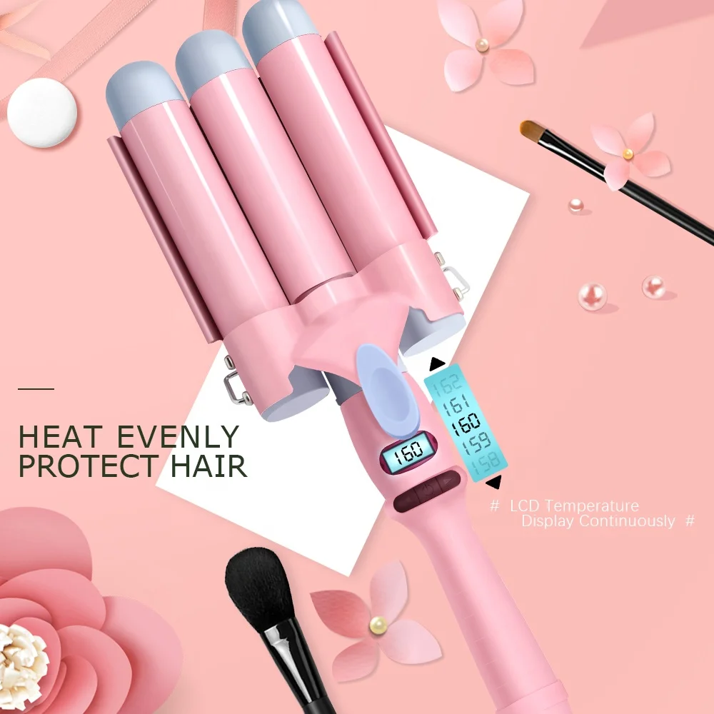 

ihongSen Ceramic Hair Curler 3 Barrel Wave Triple Pink Curling Iron, Pink customized