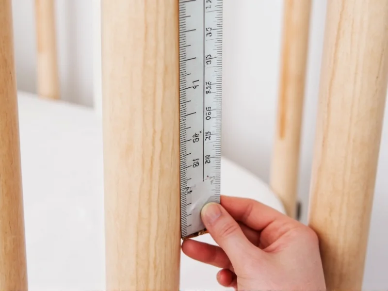 Close-up of measuring gap between crib slats with tape measure