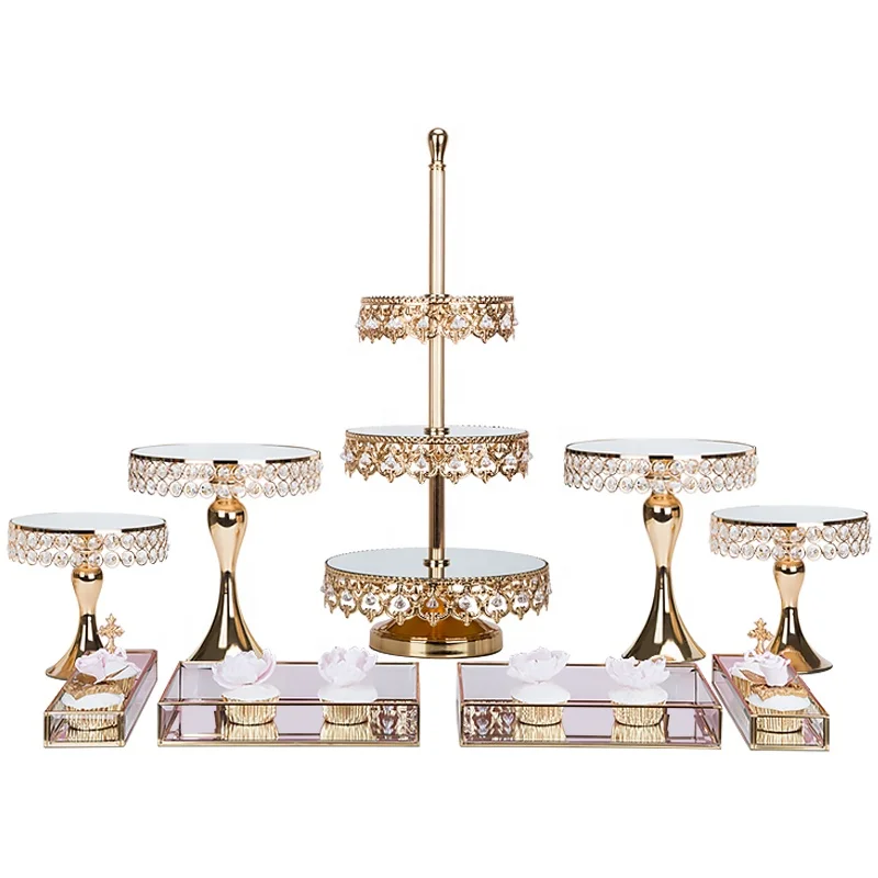 

mirror metal cupcake hanging 3-Tier wedding cake stand set with hanging crystals beads rose gold decorations dessert display, Gold/silver