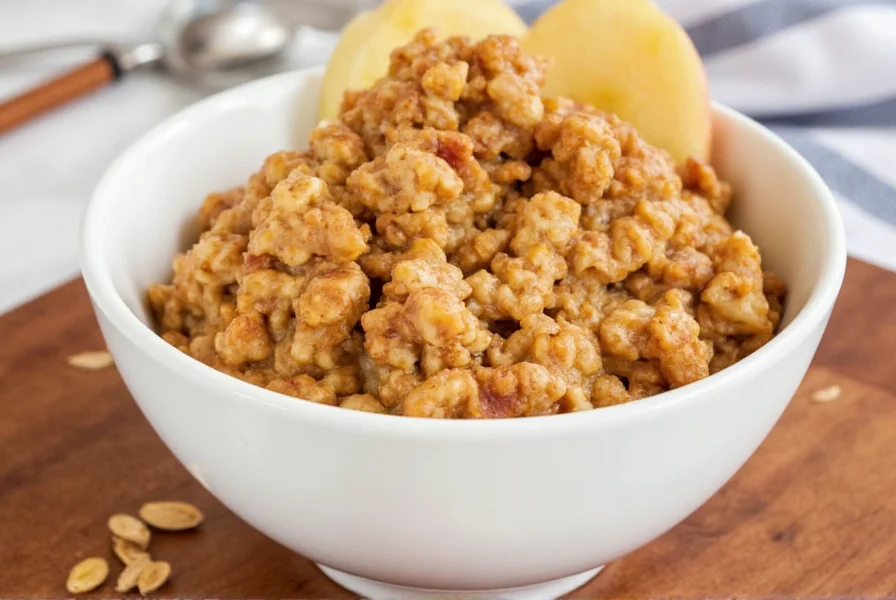 Step-by-step preparation of apple cinnamon oatmeal showing diced apples being added to simmering oats in a saucepan