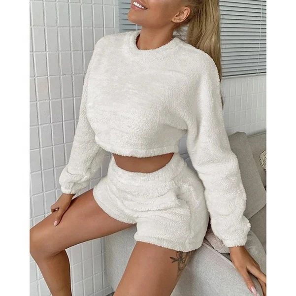 

S-XXXL New arrivals womens fleece shorts casual 2 piece teddy women lounge wear sets