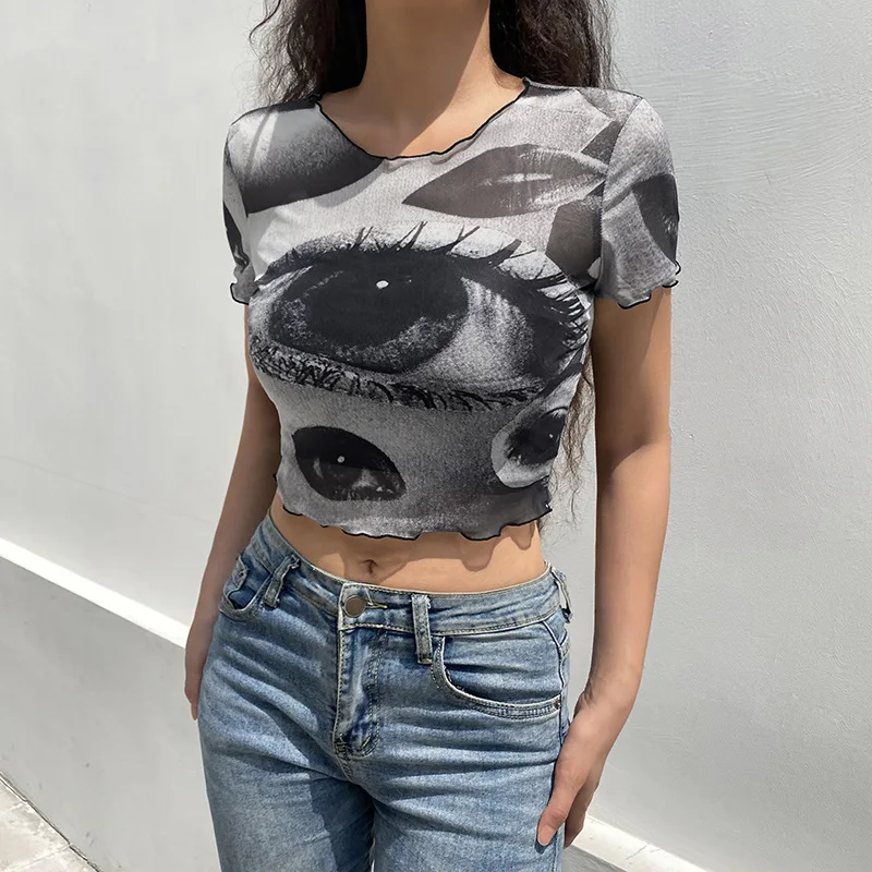 

Summer Casual Women T-Shirt Printed Short Elasticity Tops Short Sleeve Midriff Tanktops Streetwear