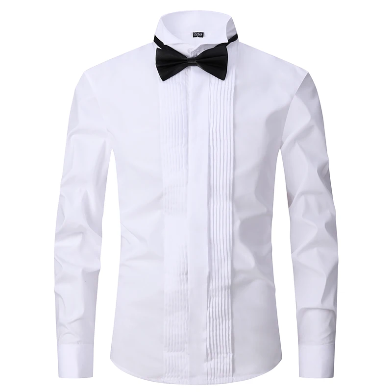 

HS-104 2024 Party New Dovetail Stand Collar Wedding Dress Shirt White French Cuff Shirt for Men's Long Sleeve