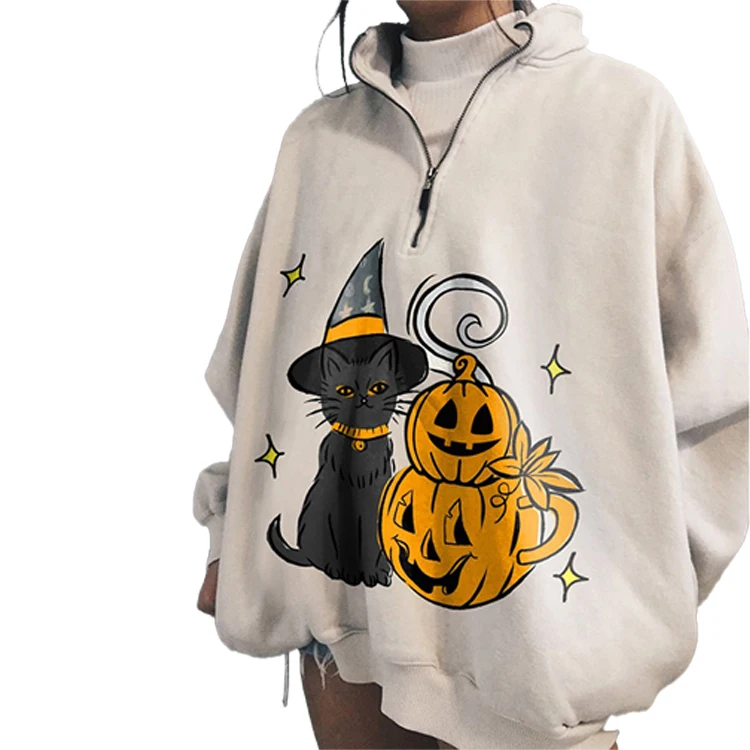 

S-4XL Halloween Outfits Pumpkin Cat Cartoon Print Sweatshirt Lapel Jacket Adult Women'S Halloween Costume