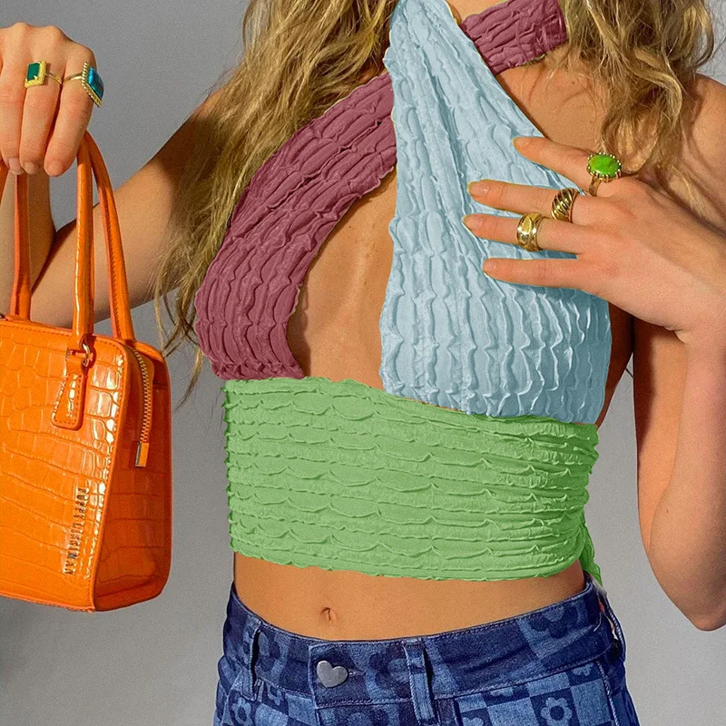

2021 Halter Neck and Chest Vest Women Fashion Color-blockingContrast Color Sexy Waistless Small V-neck Sling Vest